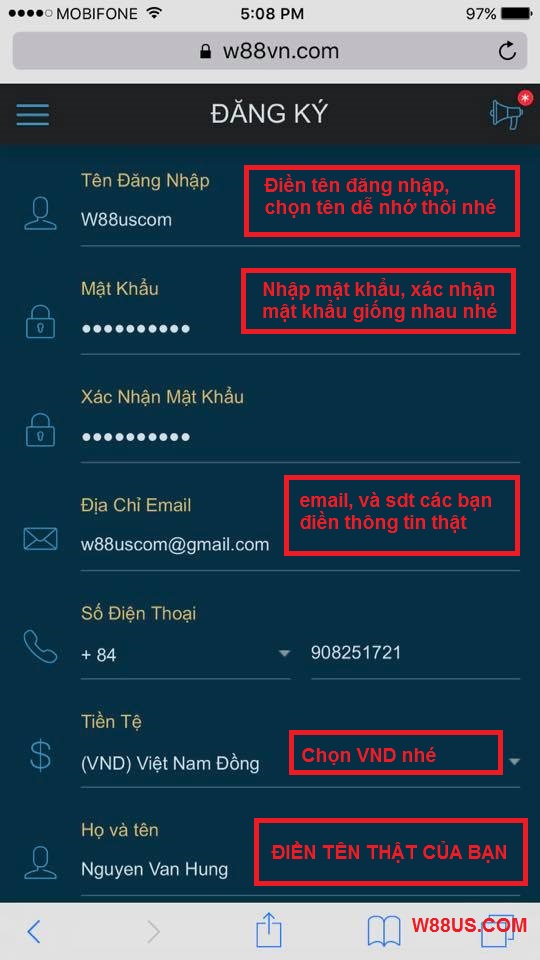hướng dẫn đăng ký w88 và nạp tiền trên điện thoại di động 2