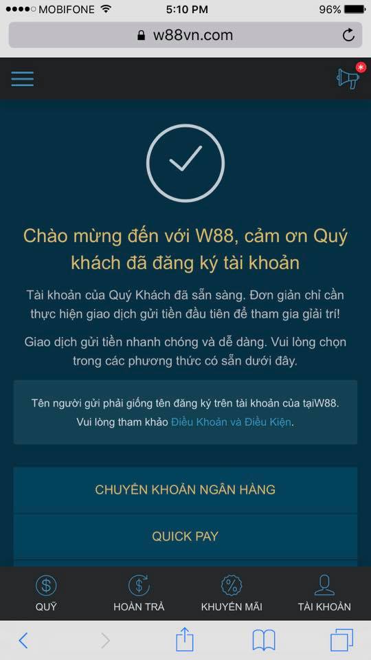 hướng dẫn đăng ký w88 và nạp tiền trên điện thoại di động 4