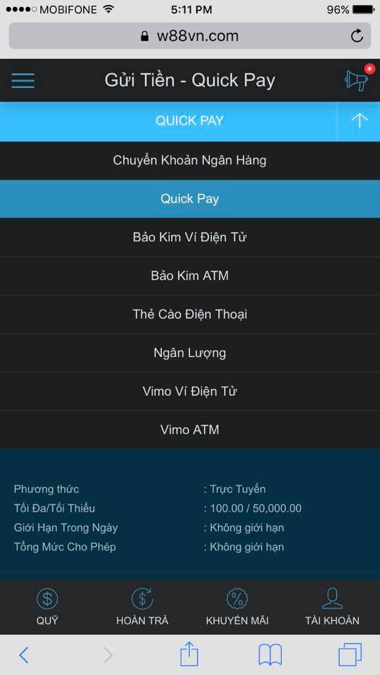 hướng dẫn đăng ký w88 và nạp tiền trên điện thoại di động 5
